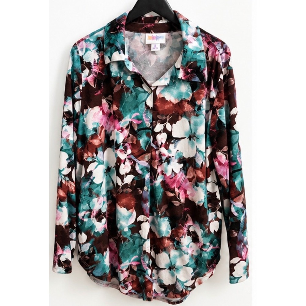 LuLaRoe Floral Button Down Shirt Teal Burgundy Pink Long Sleeve Large